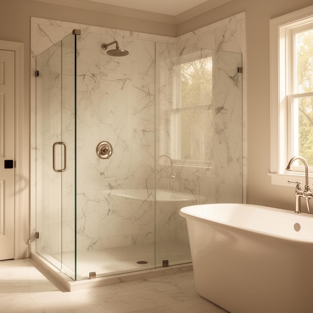 Luxury custom bathroom with frameless glass and natural stone tile