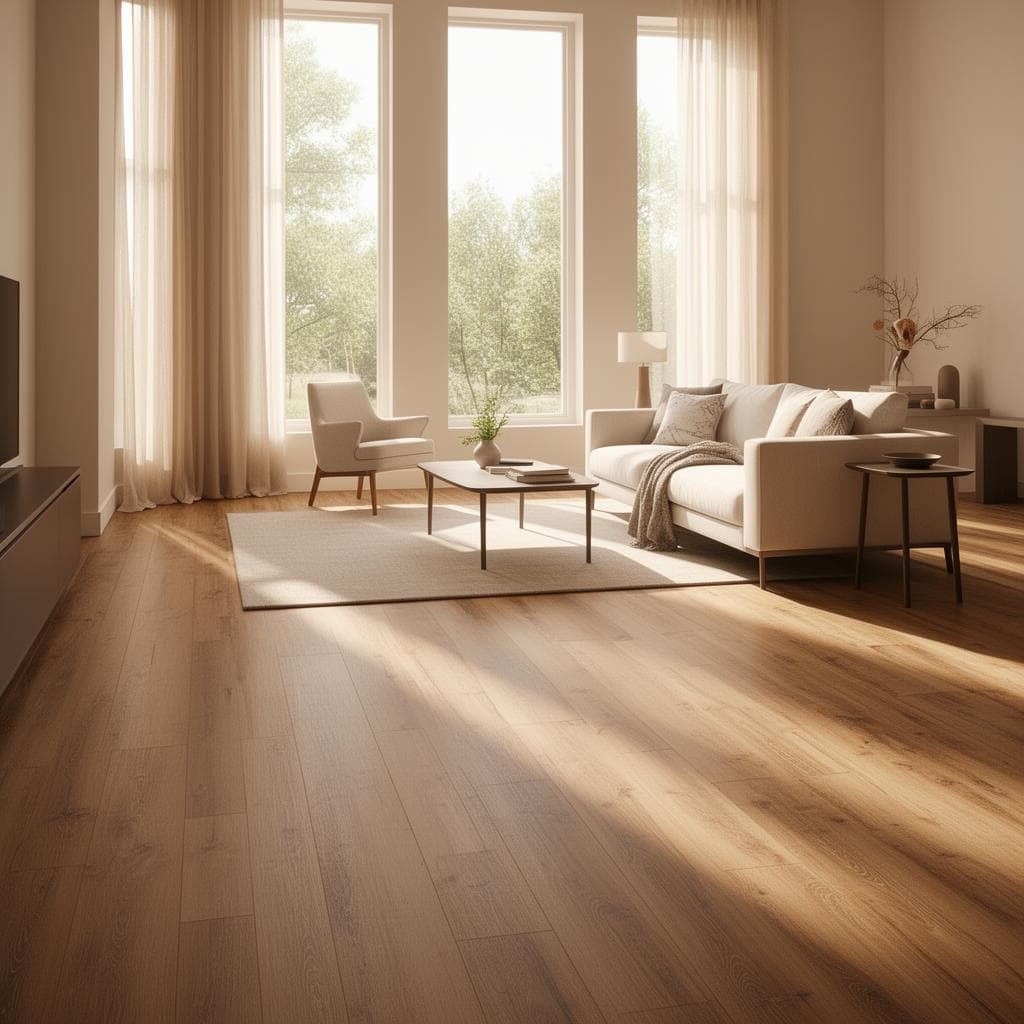 Sun-filled living room with wide-plank laminate flooring
