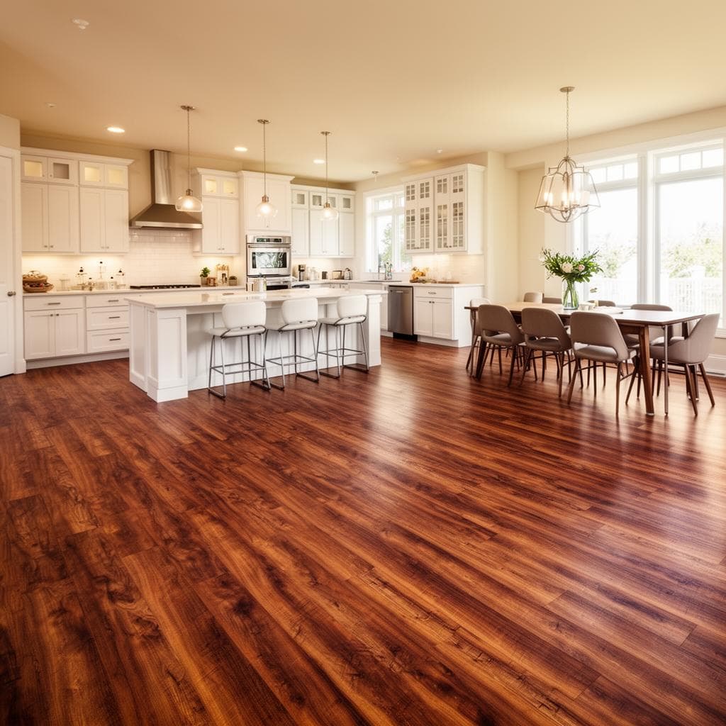 Open-concept kitchen with luxury vinyl plank flooring