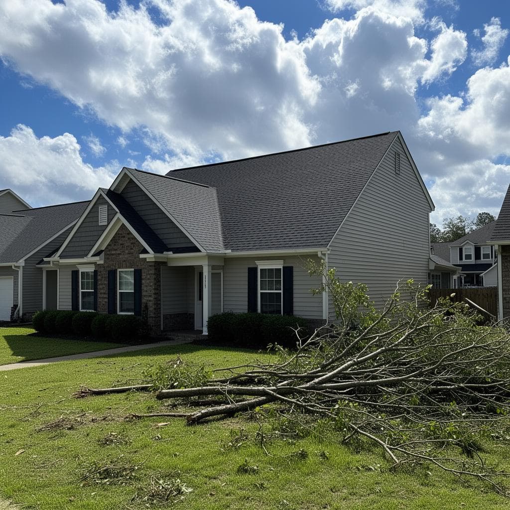 Storm-damaged roof being repaired by professional crew